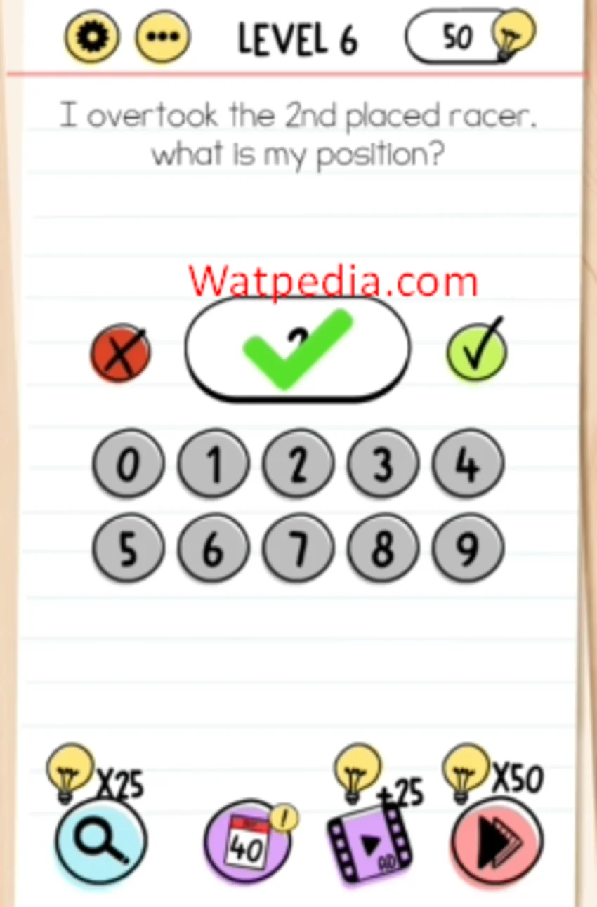 Brain Test Level 6 I overtook the 2nd placed racer, what is my position