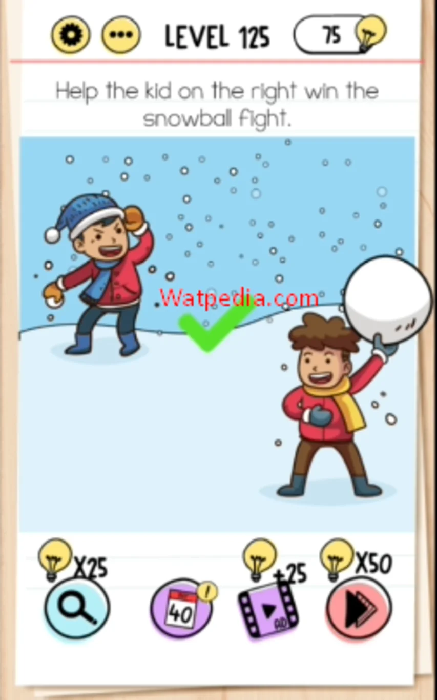 Brain Test Level 125 Help the kid on the right win the snowball fight