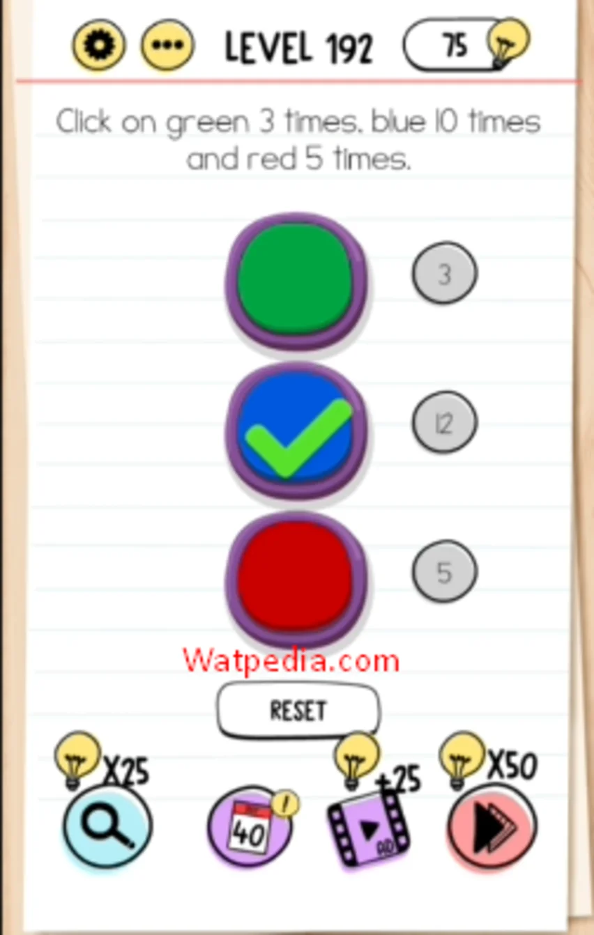 Brain Test Level 192 Click on green 3 times, blue 10 times and red 5 times